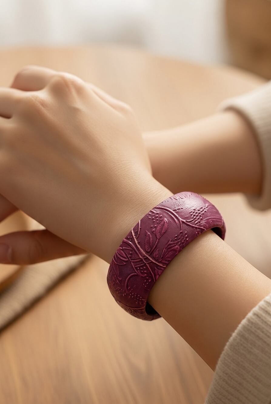 Vintage Deep Carved Purple Floral Genuine Leather Statement Bangle